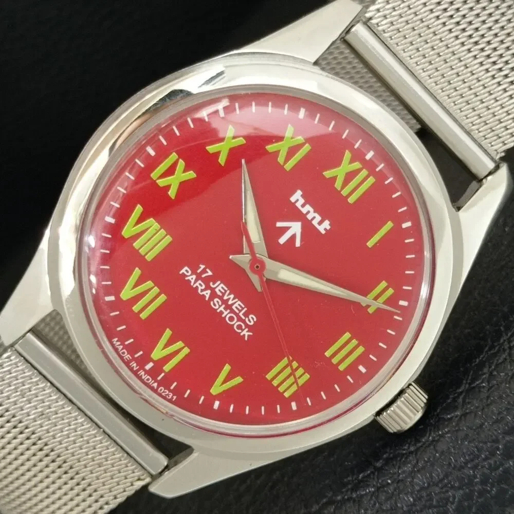 Vintage 1986 HMT Manual Wound Mens Silver Watch & Red accents
